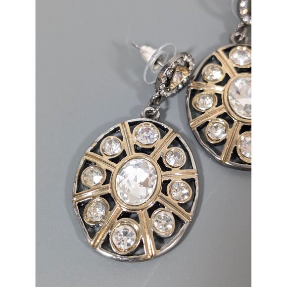 Two Tone Rhinestone Oval Dangle Earrings Modernist Industrial Statement Bold - Picture 4 of 6